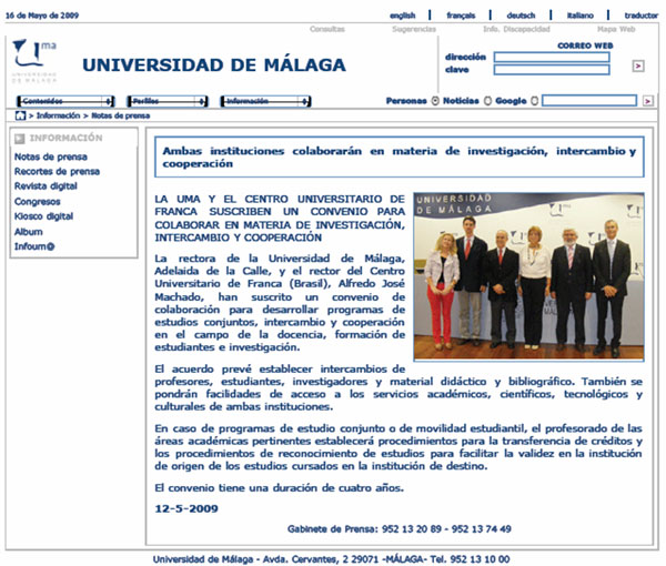 Reitor do Uni-FACEF assina convênio com a Universidade de Málaga na Espanha