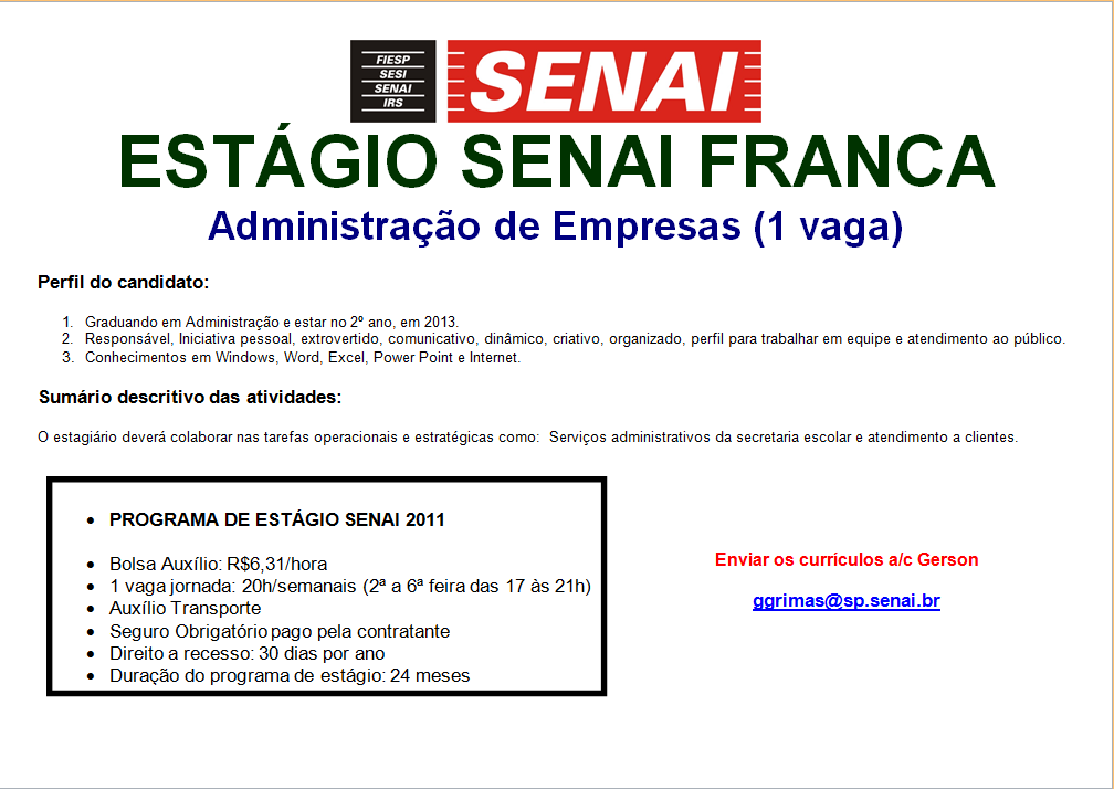 Oportunidade de estágio em administração no SENAI Franca