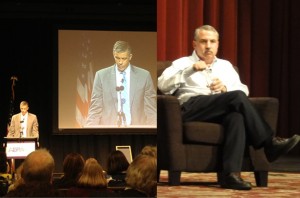 A palestra no AERA 2013 do Secretário de Educação dos Estados Unidos Arne Duncan (à esquerda) e o colunista do New York Times, Thomas L. Friedman, em entrevista à EWA (à direita)