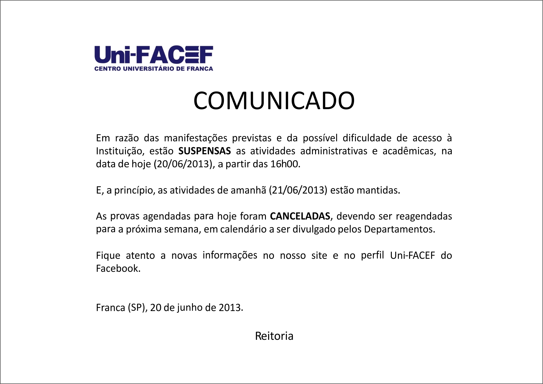 COMUNICADO URGENTE – Atividades suspensas em 20/06/2013
