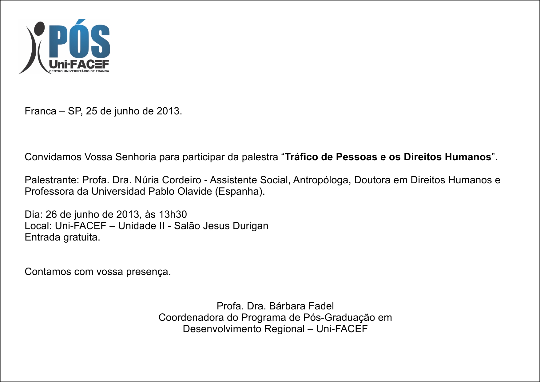 Convite: Palestra “Tráfico de Pessoas e os Direitos Humanos”