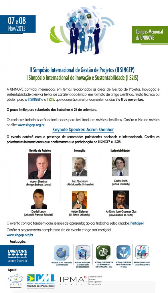 II Simpósio Internacional de Gestão de Projetos (II SINGEP) e I Simpósio Internacional de Inovação e Sustentabilidade (I S2IS) – Participe