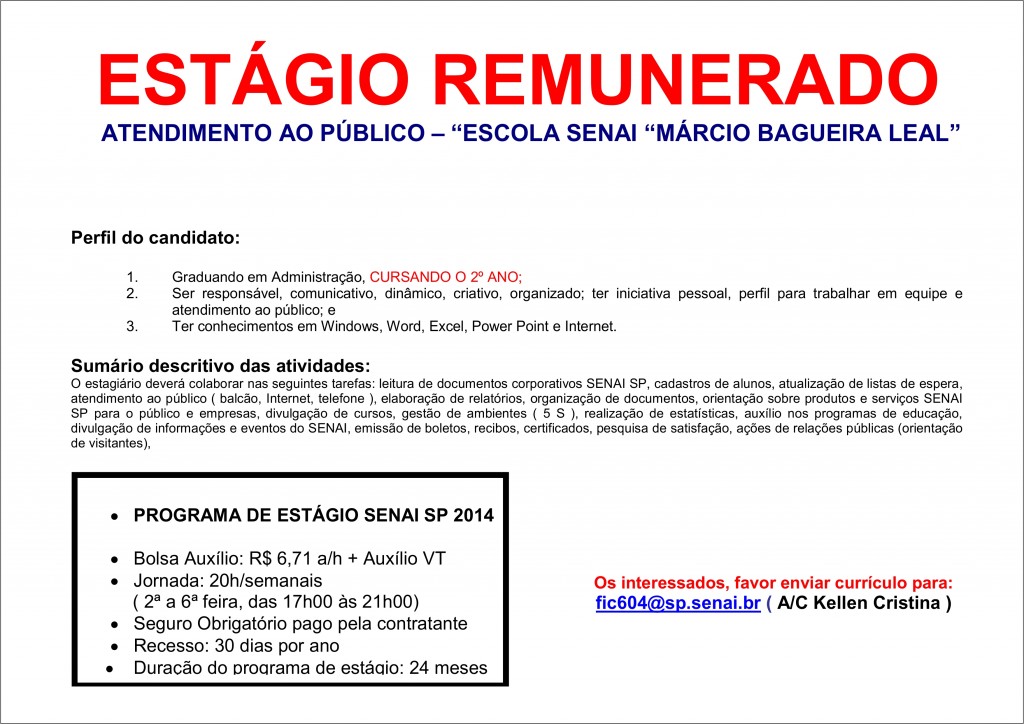 Atenção alunos de Administração Uni-FACEF – Vaga de estágio