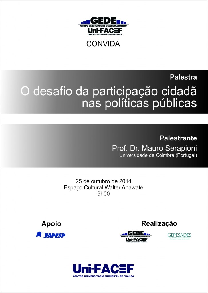 Palestra “O desafio da participação cidadã nas políticas públicas” será dia 25