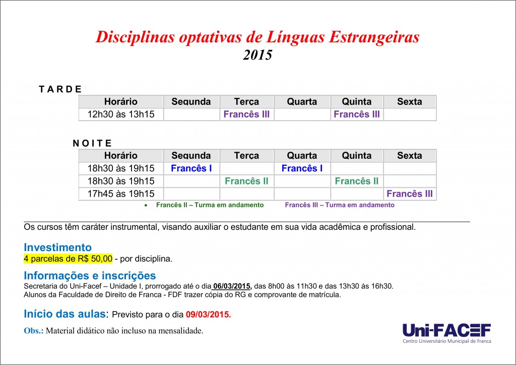 Inscrições prorrogadas – Disciplinas optativas de Línguas Estrangeiras