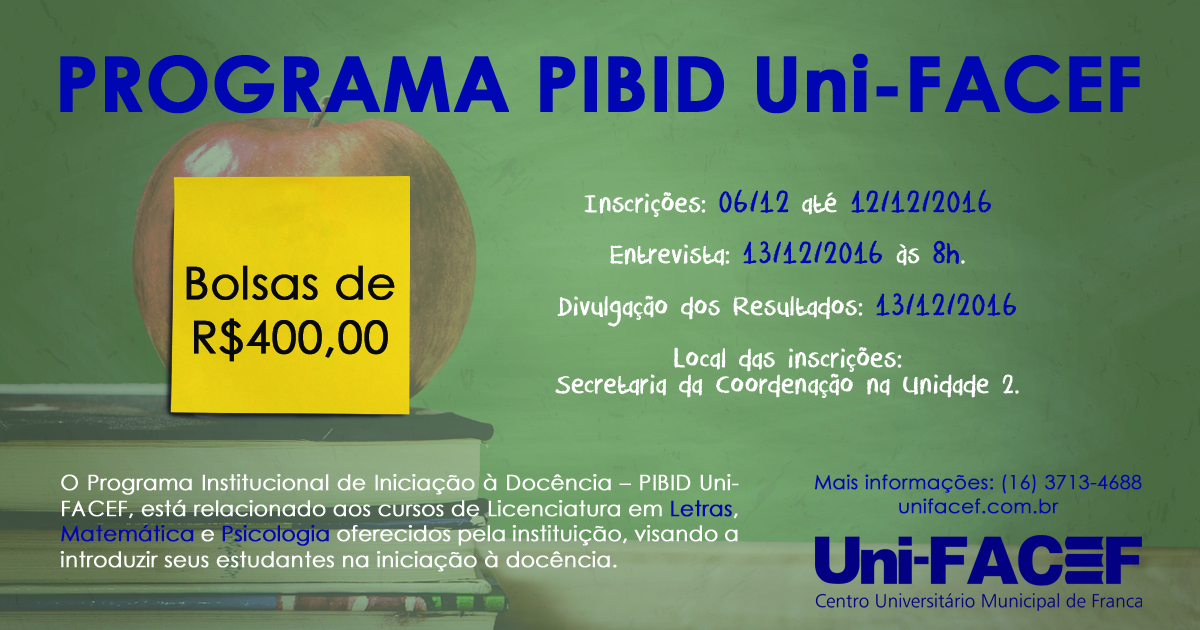 Inscrições abertas para Programa PIBID Uni-FACEF