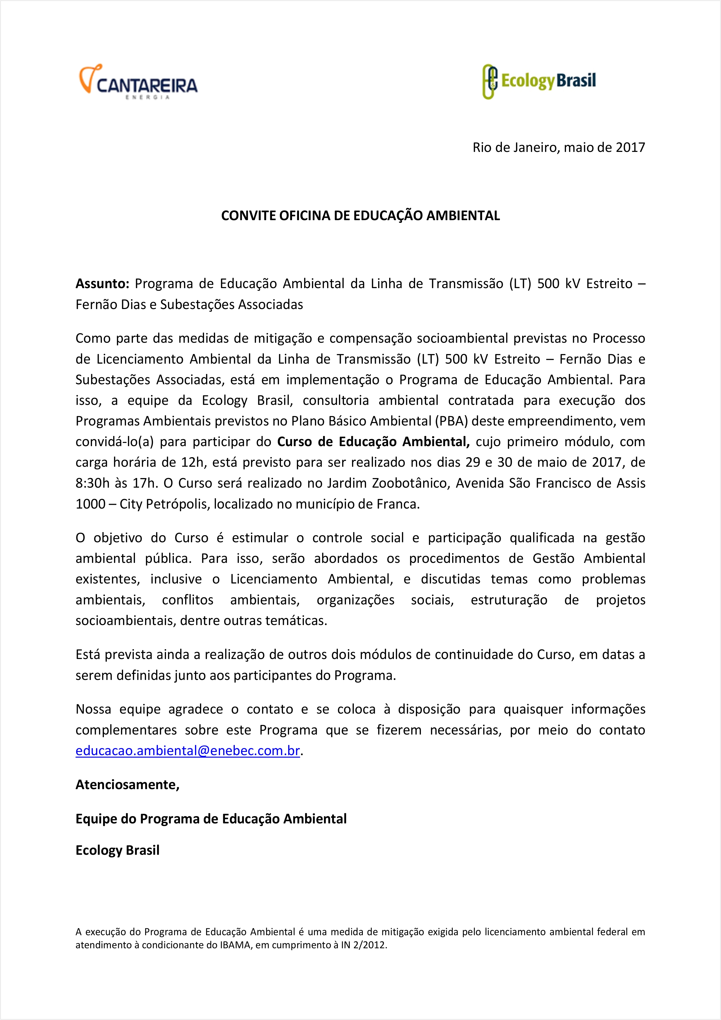 Oficina de Educação Ambiental da Linha de Transmissão (LT) 500 KV Estreito – Fernão Dias e Subestações Associadas