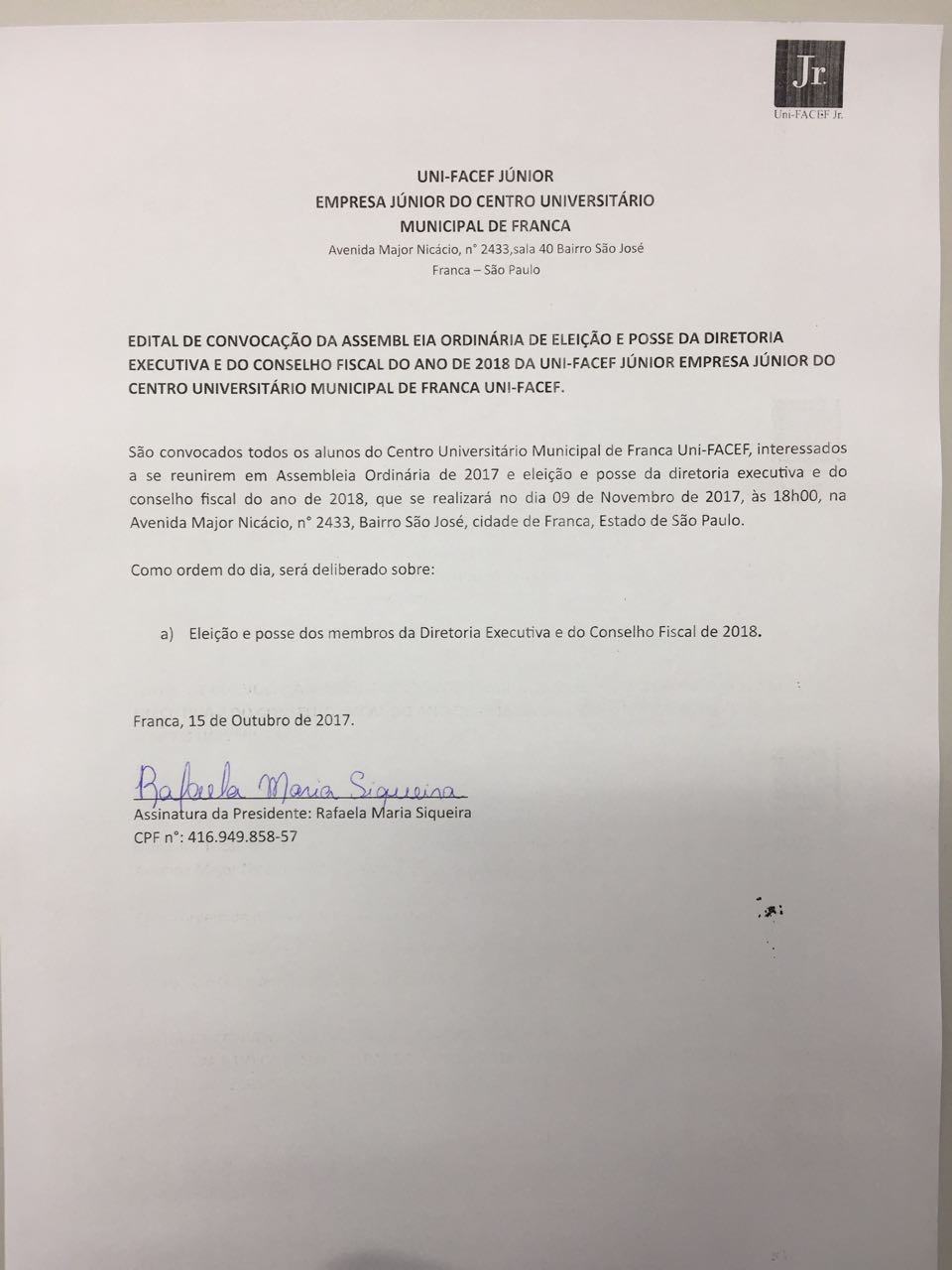 Convocação da Uni-FACEF Jr.