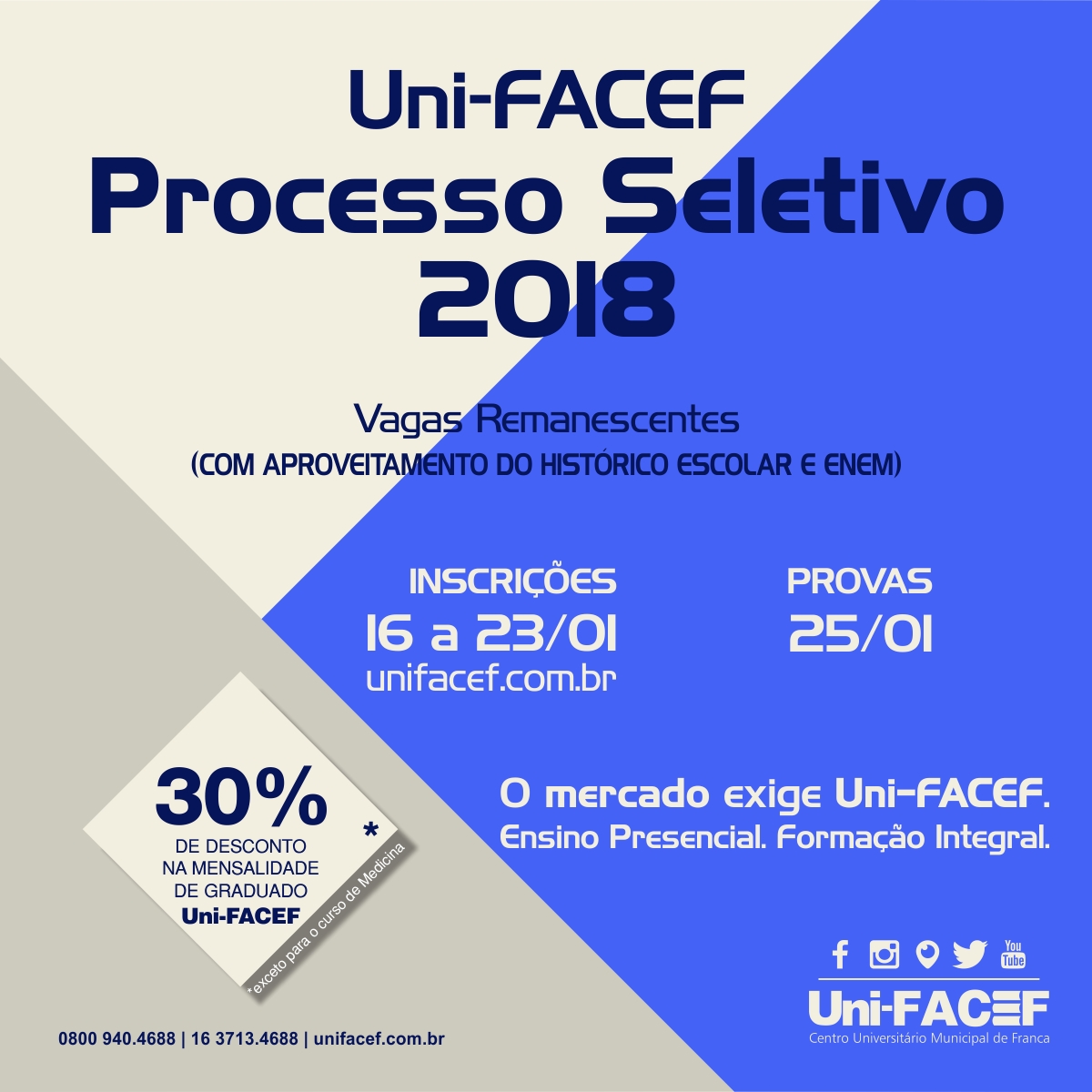 Inscrições abertas para segundo PROCESSO SELETIVO Uni-FACEF 2018 (Graduação)