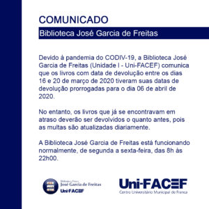 Biblioteca física do Uni-FACEF divulga informação sobre devolução de livros