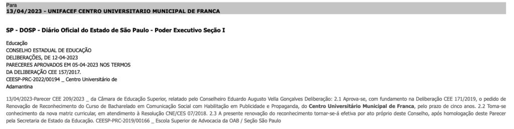 CEE-SP (Conselho Estadual de Educação) aprova renovação de Reconhecimento do curso de Publicidade e Propaganda do UniFACEF